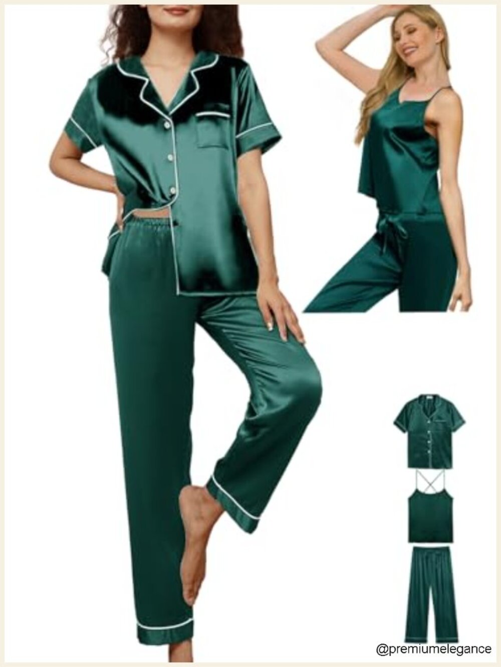 3pc Women's Silky Satin Pajama Set Camisole Top & Pants Sleepwear